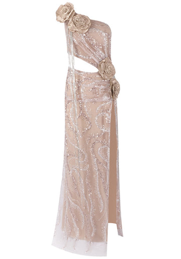 One Shoulder Floral Sequin Maxi Dress Nude