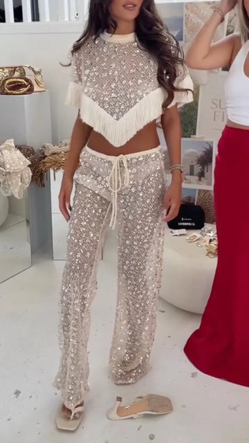Sequin Fringe Mesh Two‐Piece Set