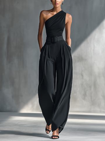 Women's Black High-elastic Knit Top And Acetate Wide-leg Pants MDZ1068B3T