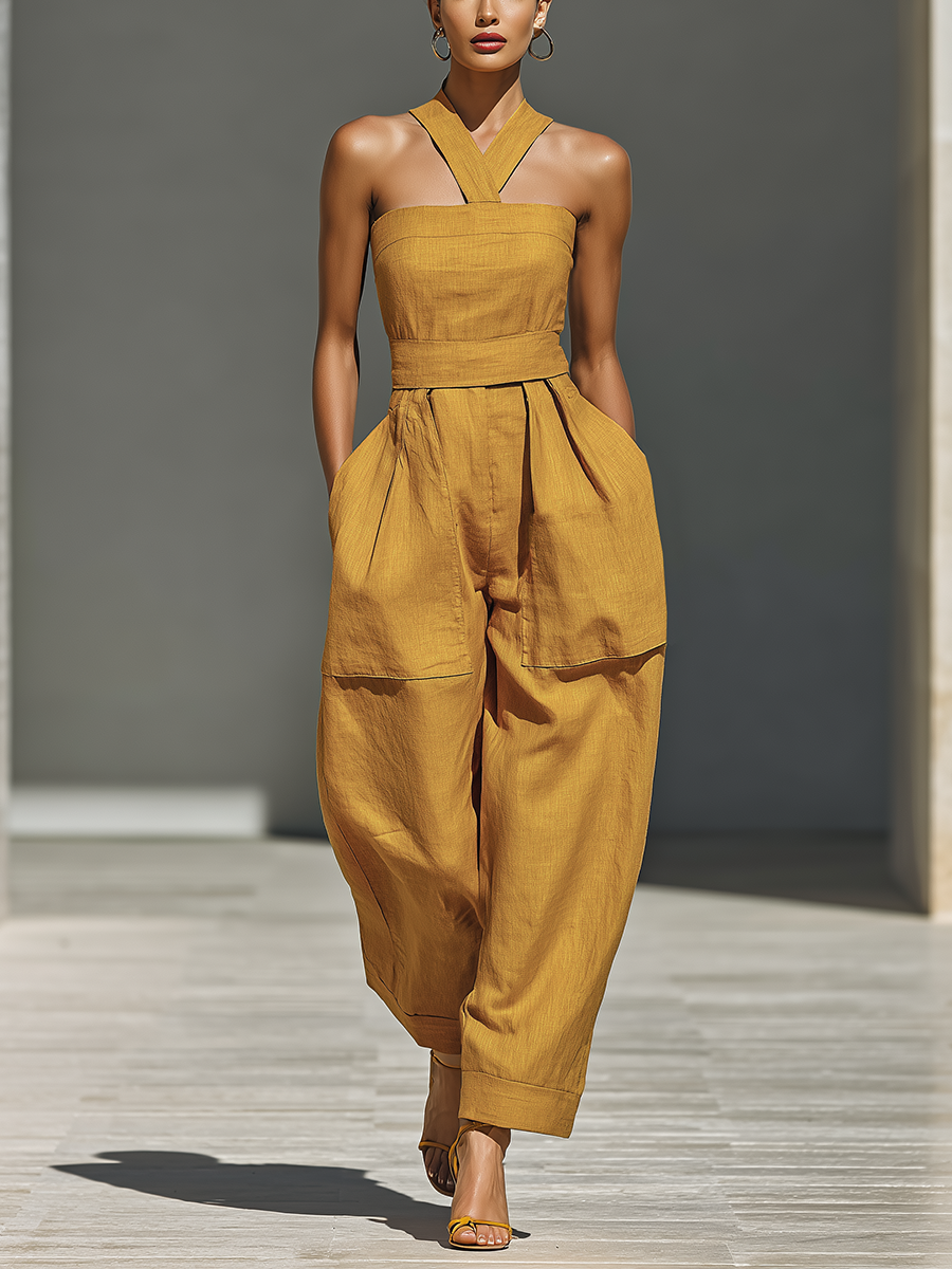 Women's Mustard Yellow Linen-Blend Jumpsuit With Crisscross Neckline & Relaxed Trousers MDZ2808B6T
