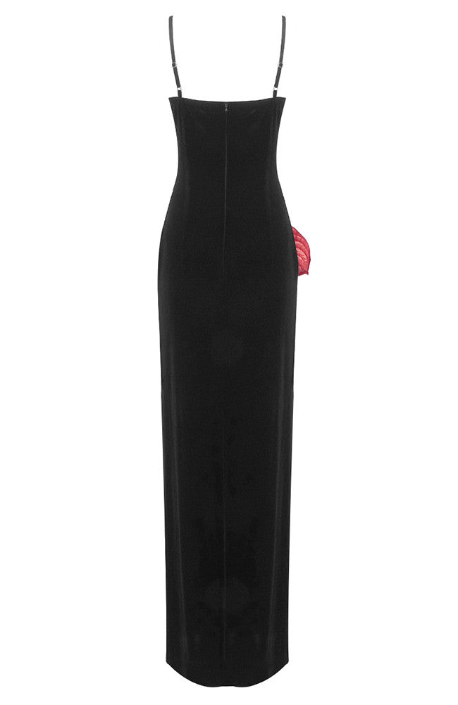 Laceleaf Detail Mesh Insert Maxi Velvet Dress Black