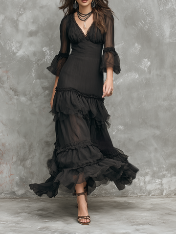 Women's Chiffon-Paneled V-Neck Half-Sleeve Multi-Layer Ruffles Maxi Dress MDZ1007D5Y
