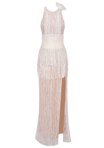 Crystal Tassel Maxi Dress Nude