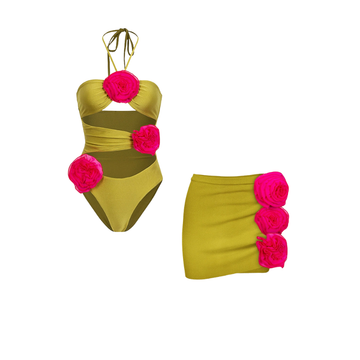 3D Flower Halter Cut Out One Piece Swimsuit and Skirt Flaxmaker