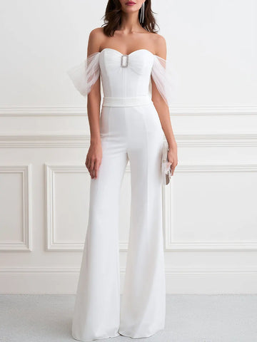 Off-Shoulder Mesh Sleeve Rhinestone Buckle Wide Leg Jumpsuit