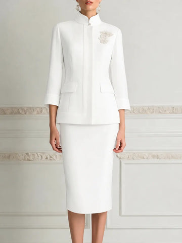 White Stand-Collar Floral Appliqué Fitted Suit And Pencil Skirt Set