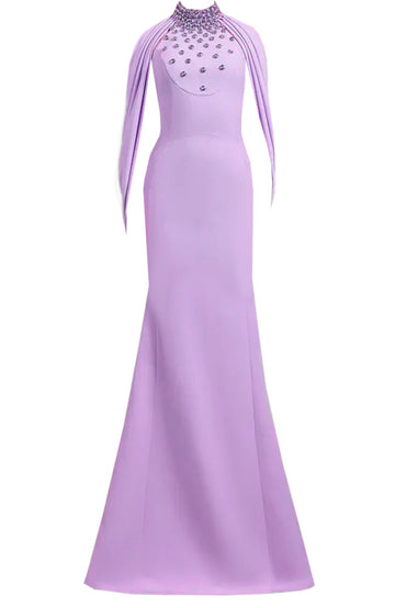Halter Crystal Draped Maxi Dress Lavender
