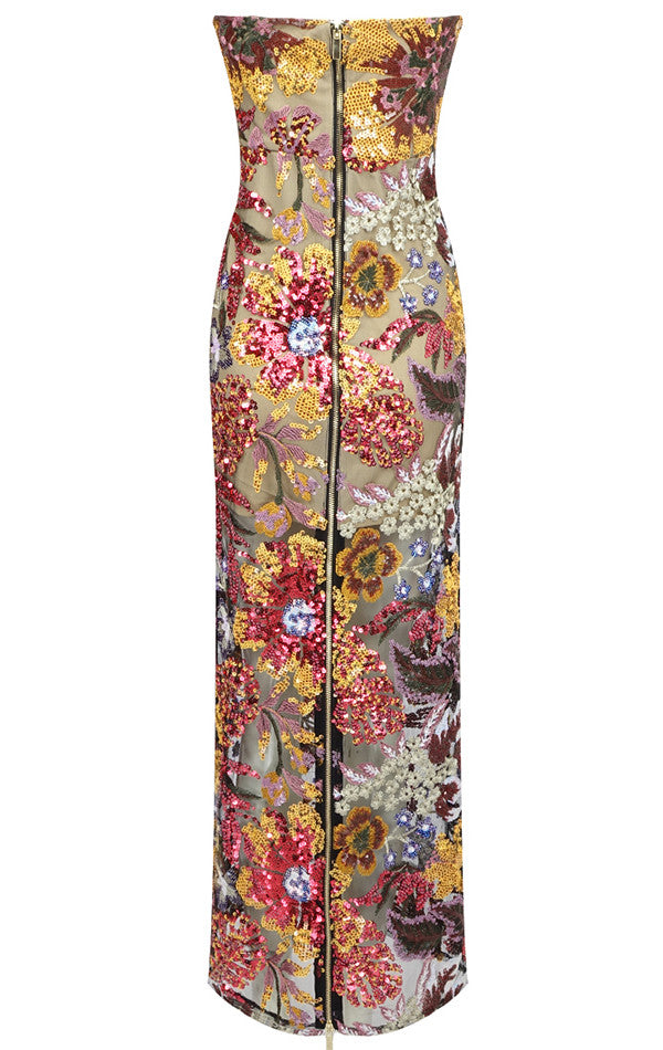 Strapless Floral Sequin Maxi Dress