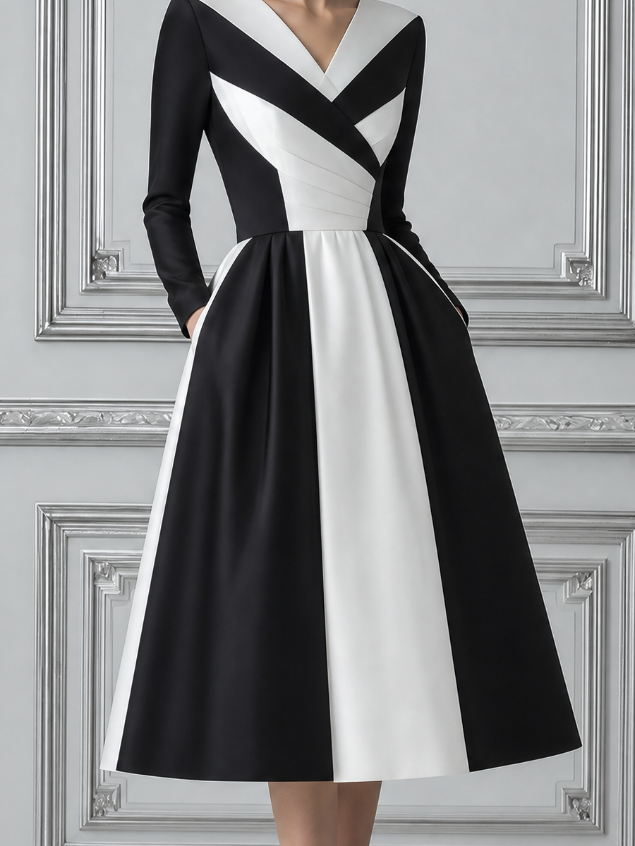 Black White Dress Fall Wedding Guest Dress Contrast Wrap A-Line Midi Dress