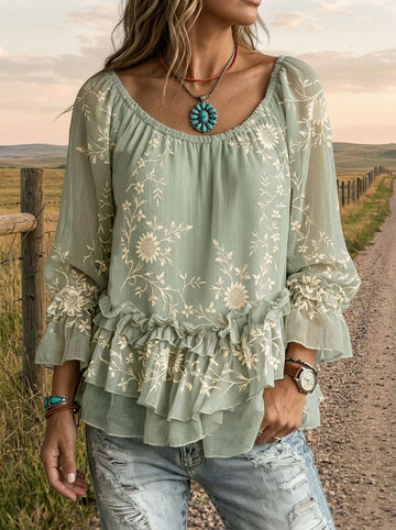 Vintage Floral Art Print Casual Ruffle Shirt