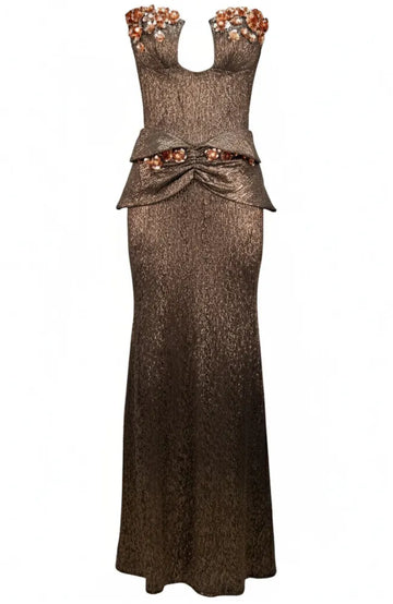 Strapless Floral Maxi Dress Brown