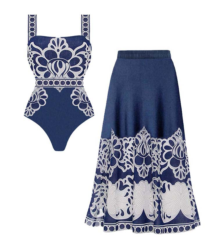 Lace Printed One Piece Swimsuit and Skirt
