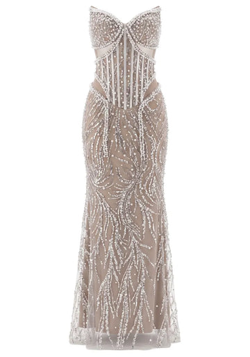 Strapless Pearl Sequin Structured Maxi Dress Nude