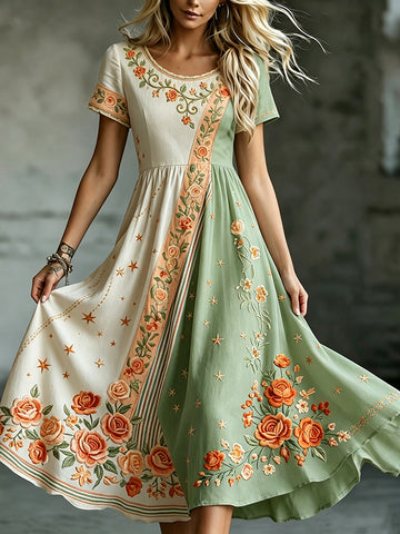 Women's Retro Bohemian Rose Irregular Casual Round Neck Dress