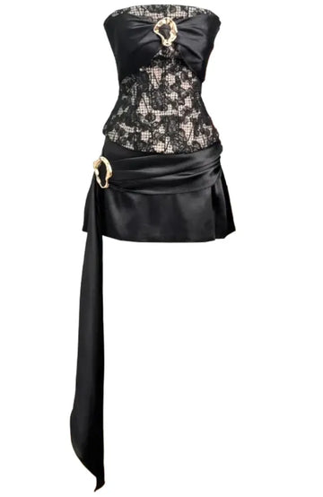 Strapless Lace Corset Draped Two Piece Dress Black