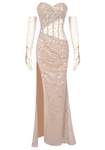 Strapless Crystal Sequin Corset Maxi Dress Nude