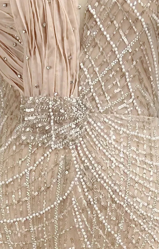 Strapless Draped Pearl Sequin Crystal Maxi Dress Nude