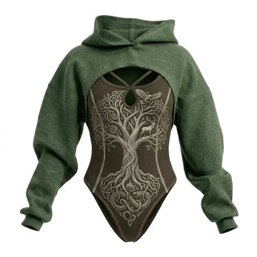 Viking Print Fitted Hooded Jumpsuit & Hoodie Two-Piece Set