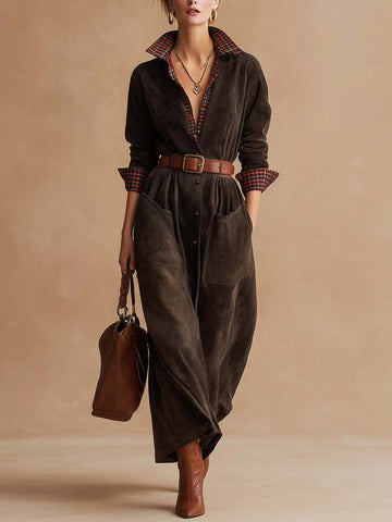Retro dark brown suede patchwork plaid collared dress(Includes belt)