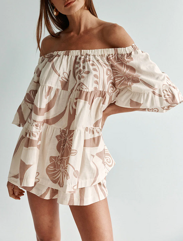Beige Off Shoulder Floral Print Shorts Matching Set