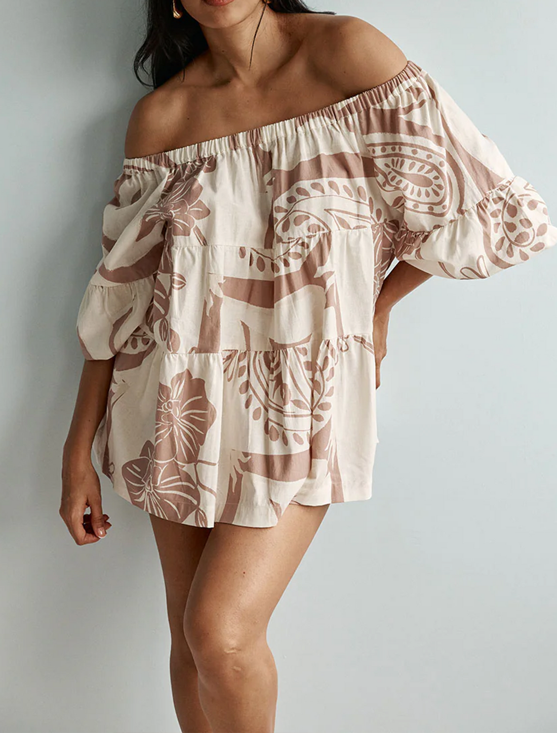 Beige Off Shoulder Floral Print Shorts Matching Set
