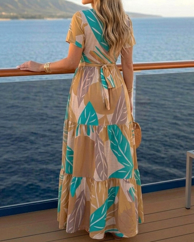 Plants Print V-Neck Short Sleeve Tie Waist Maxi Dress Casual Cinched Waist Ruffle Hem Vacation Dress
