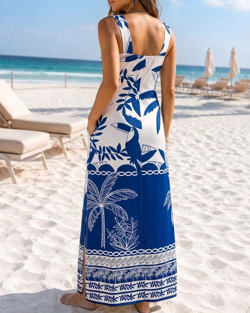 Women's Tropical Placement Print Maxi Dress Thick Strap Backless Slit Vacation Dress Slim Fit Sundress with Pockets