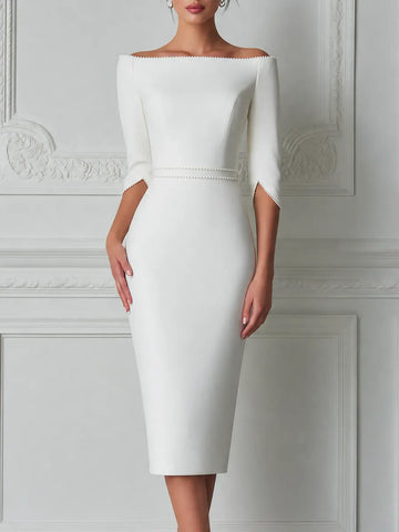 White Dress Off Shoulder Pearl Trim Pencil Midi Dress