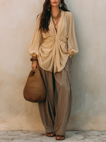 Beige V-neck knotted Top And Brown Pleated Wide-leg Pants Two-piece Set
