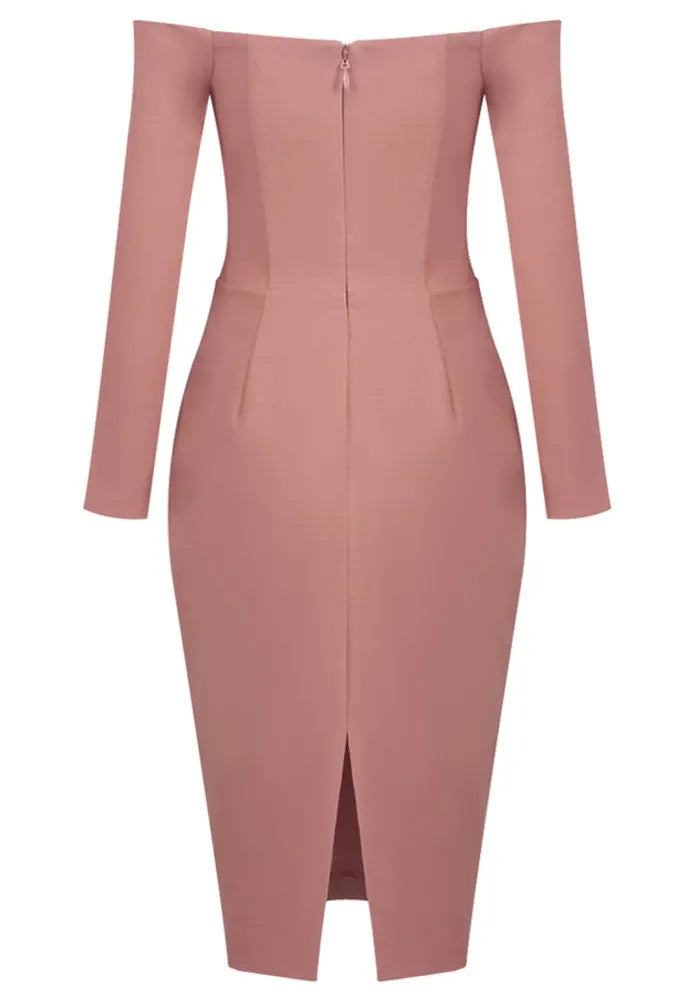 Long Sleeve Draped Bardot Midi Dress Pink