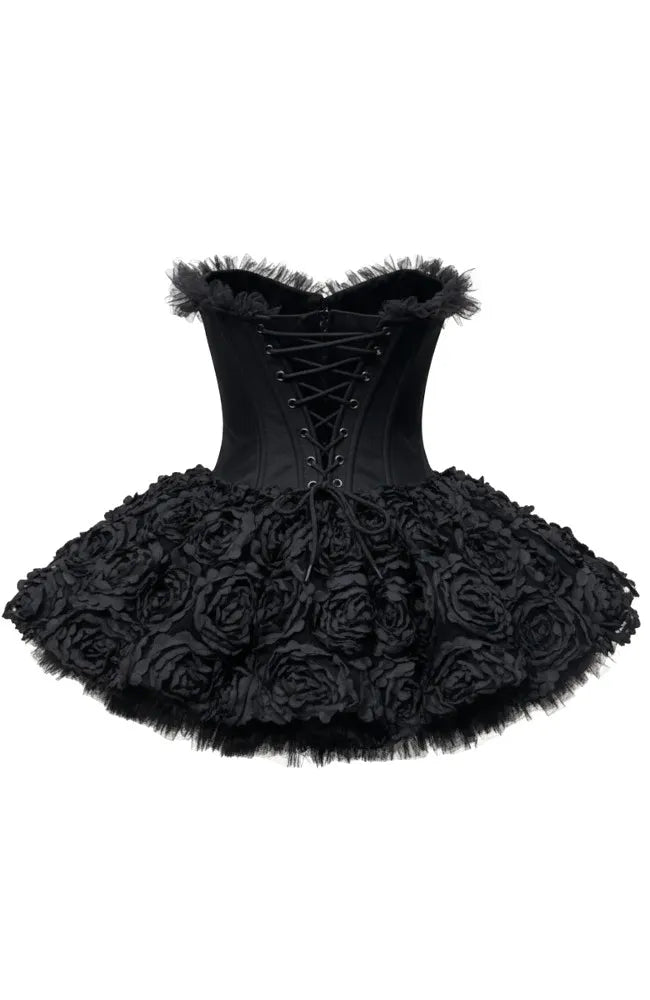 Strapless Petal Floral Corset A Line Dress Black