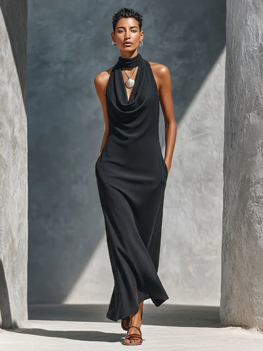 Women’s Black Knitted Fabric Sleeveless Cowl Neck Halter Maxi Dress With Pockets MDZ2426D4T