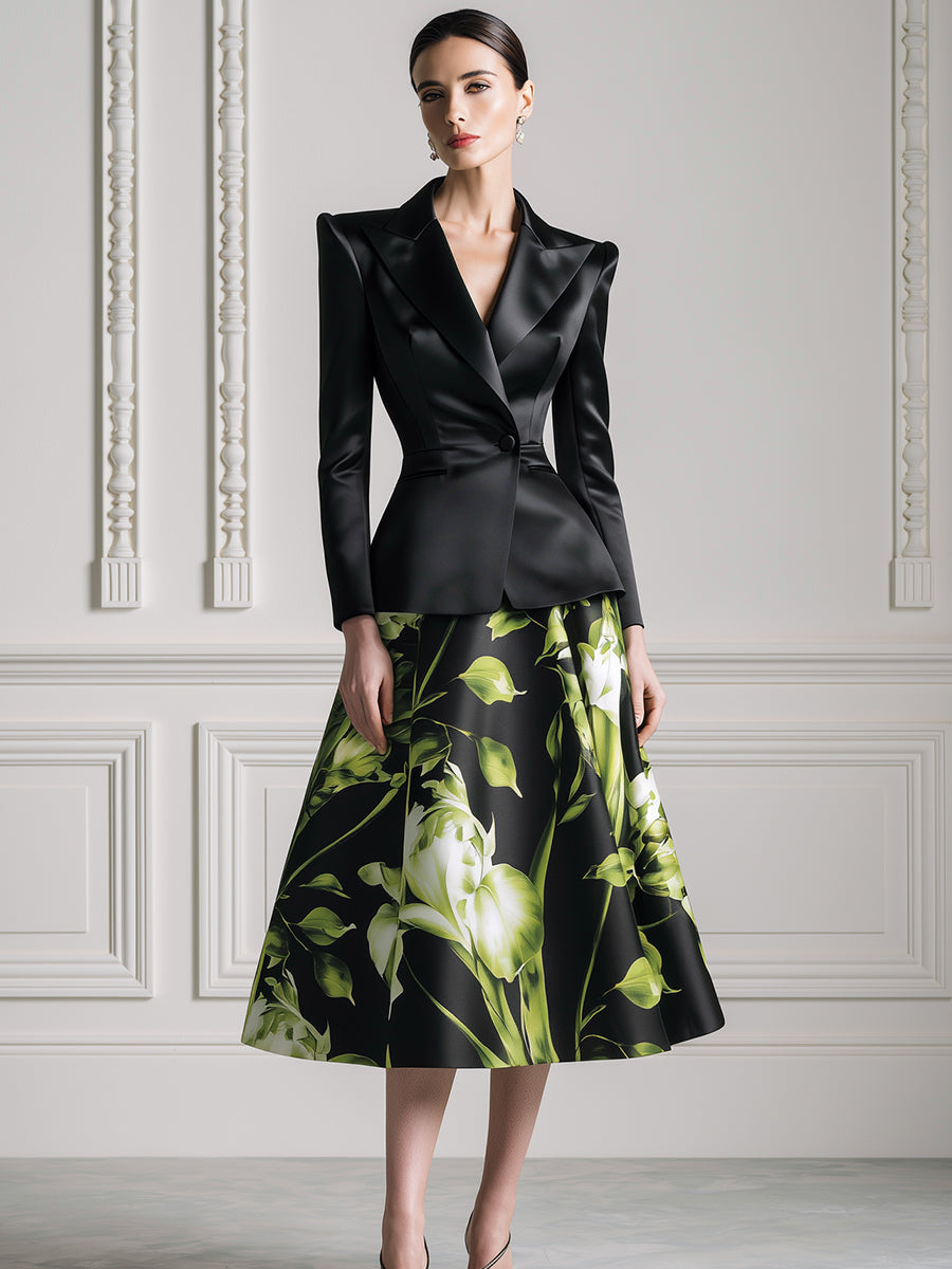 Satin Peplum Blazer & Floral Print A-Line Midi Skirt Set