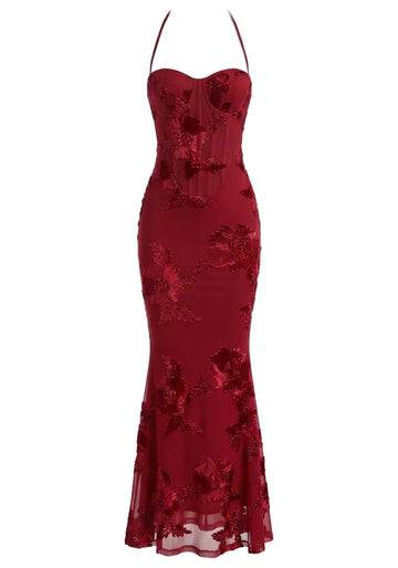 Halter Floral Strappy Backless Maxi Dress Red