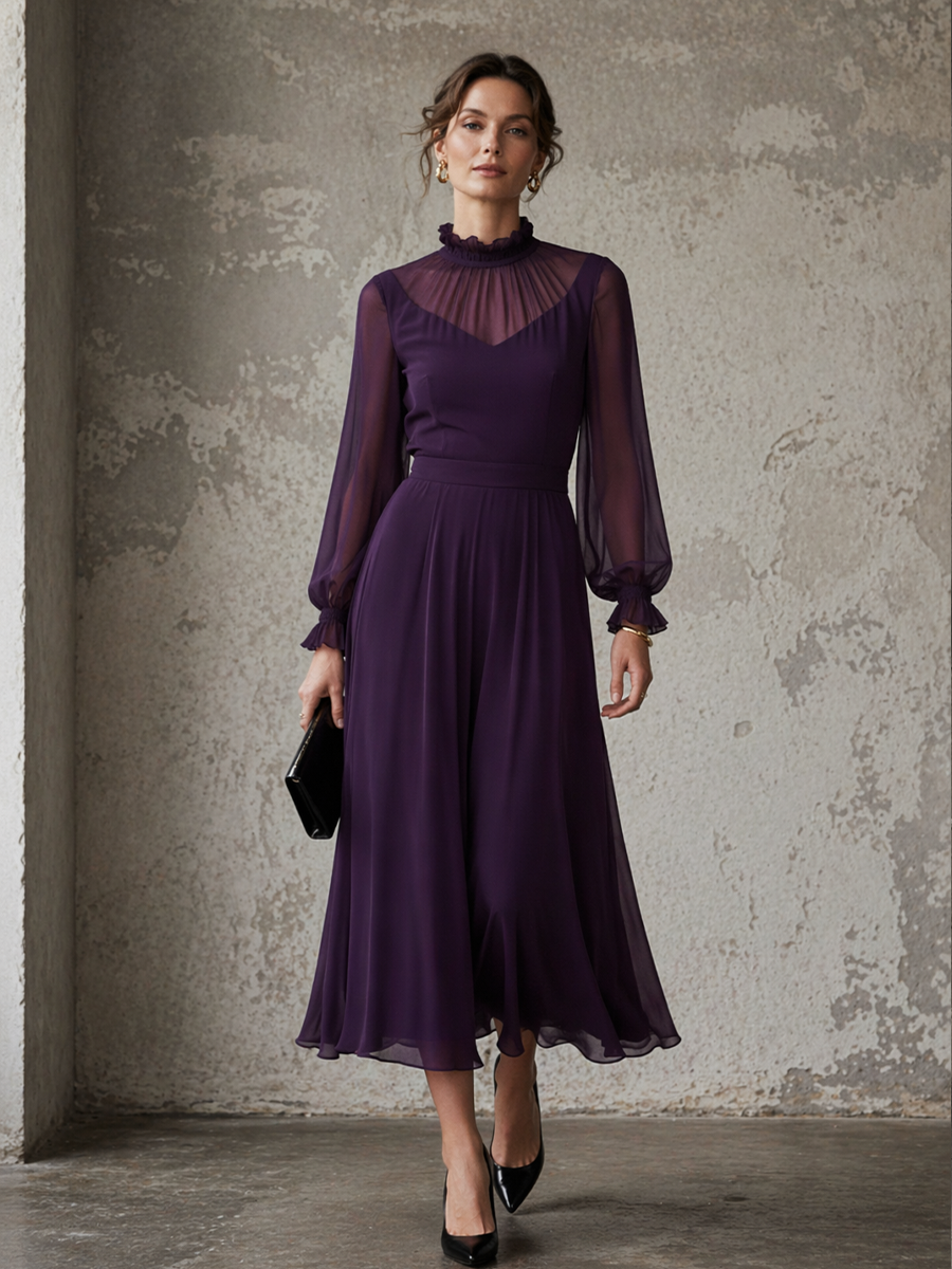 Women's Elegant Purple Chiffon Fashionable Lantern Sleeve High-Neck Slim Waist A-line Long Dress MDZ1679D2GMJ