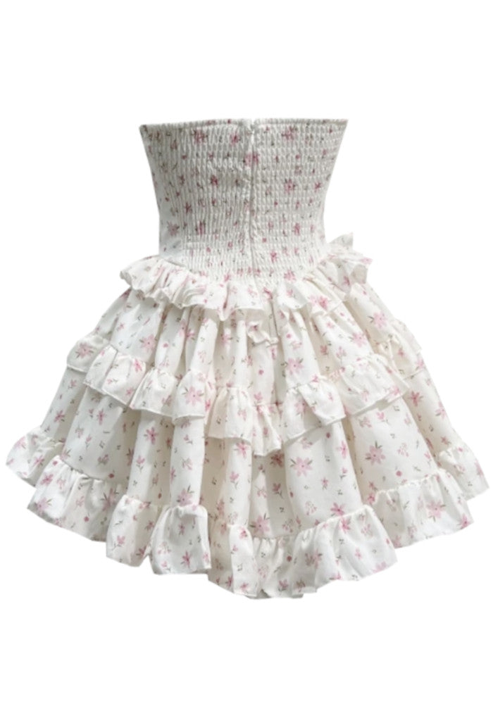 Strapless Floral Ruffle Corset Dress White Pink