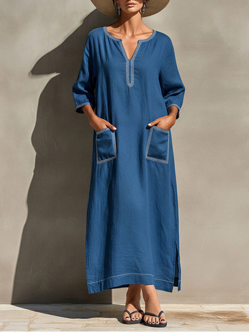 Women's Blue Linen-Blend Caftan Dress With Notch Neck & Side Slits, Timeless Casual Beach Cover-Up MDZ2898D9LYL
