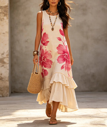 Women's Sleeveless Floral Print Maxi Dress with Ruffle Hem