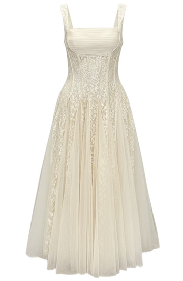 Pleated Bustier Floral A Line Midi Dress Ivory