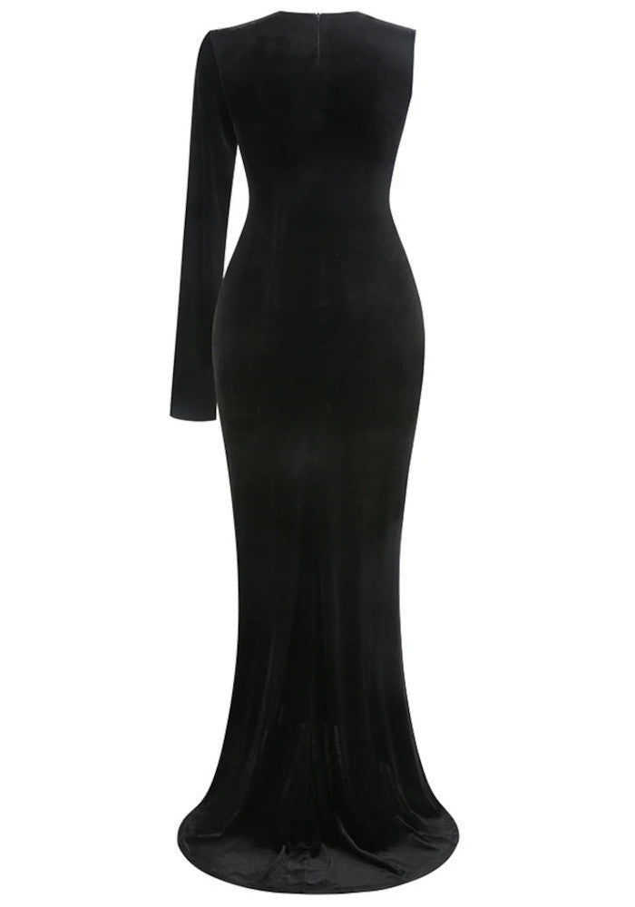 One Sleeve Bow Detail Maxi Velvet Dress Black White