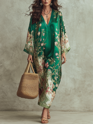 Luxurious Floral-Print  Kaftan Maxi Dress