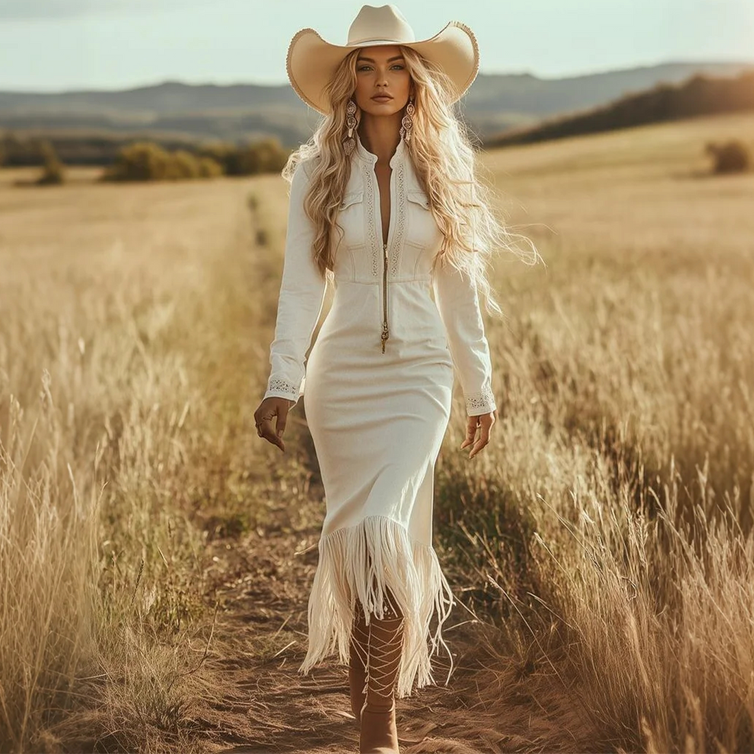 Women's Vintage Elegant Western Style White Dress With Fringe Details