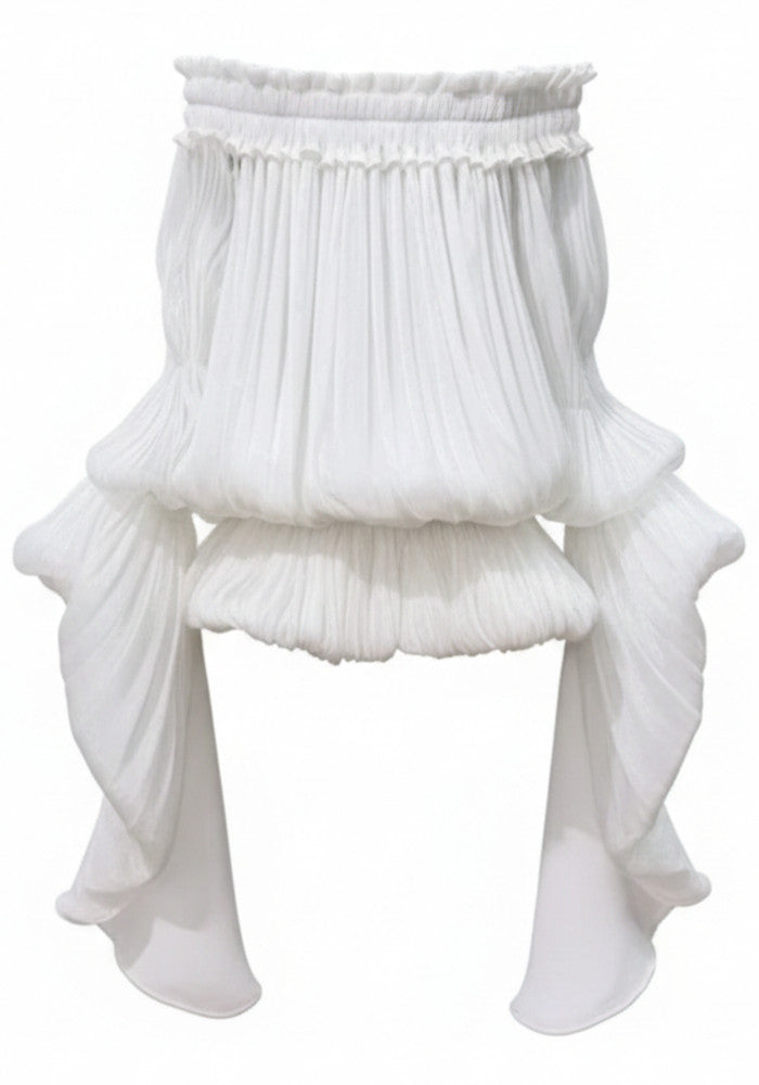 Long Sleeve Bardot Bubble Dress White