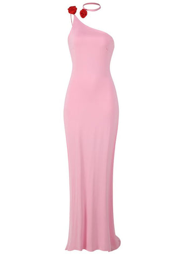 One Shoulder Floral Detail Maxi Dress Pink