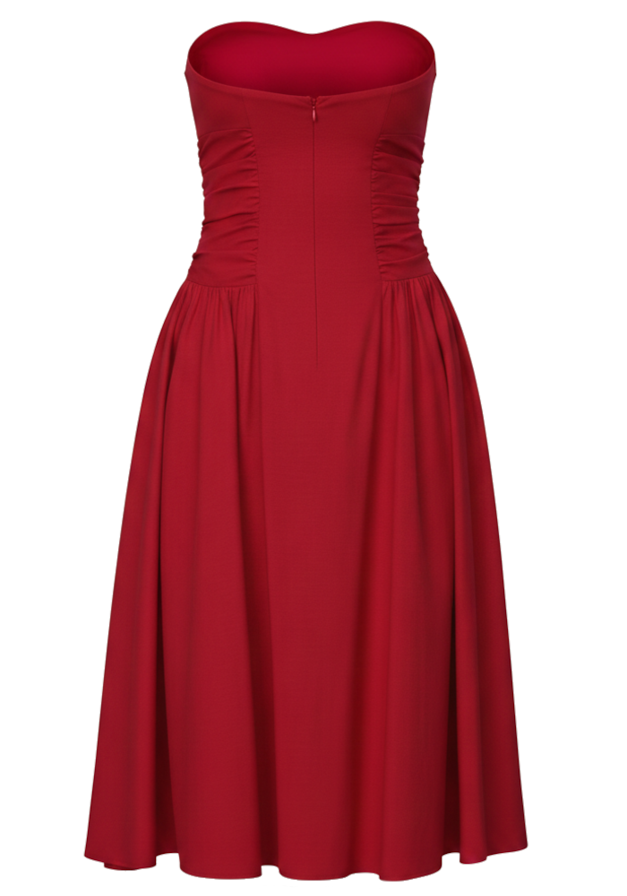 Strapless Ruched Detail A Line Midi Dress Red