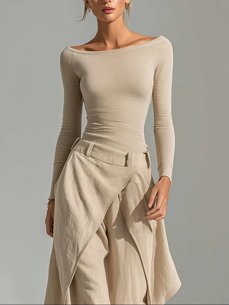 Beige Boat Neck Top and layered wide-leg trouser set