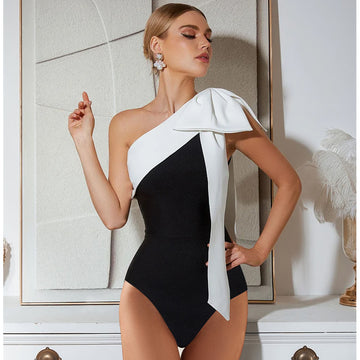 One Shoulder Bow Tie Color Block One Piece Swimsuit and Skirt Flaxmaker