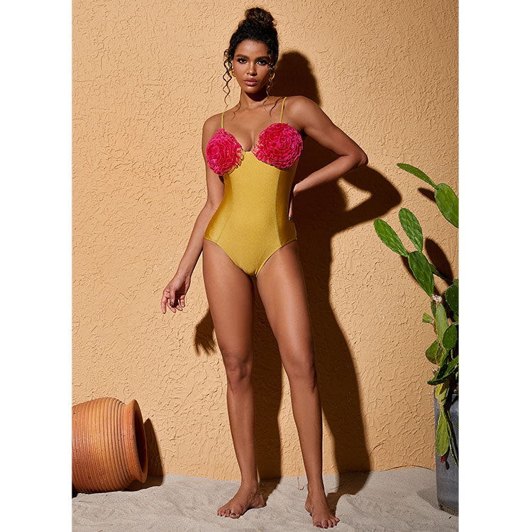 Color Block 3D Flower One Piece Swimsuit and Skirt Flaxmaker
