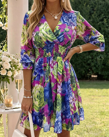 Floral Print Overlap V Neck Long Sleeve Shirred Waist Ruffle Hem Dress Casual Cinched Waist Flared Cuffs Chiffon Vacation Dress with Lining