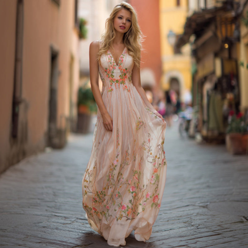 Women's Floral Art Print Linen Sleeveless Maxi Dress